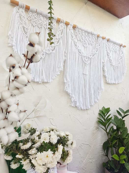 Макраме бохо декор, макраме панно, кашпо, дзеркало, годинник, полиця