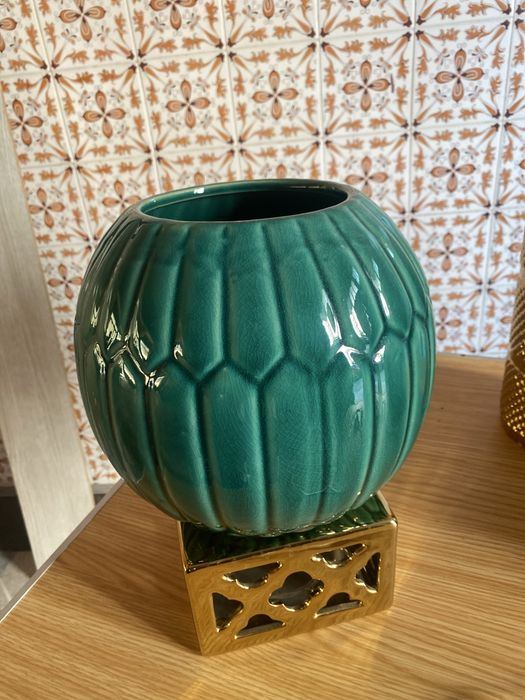 Qconjunto jarra pote com pe de candeeiro ceramica