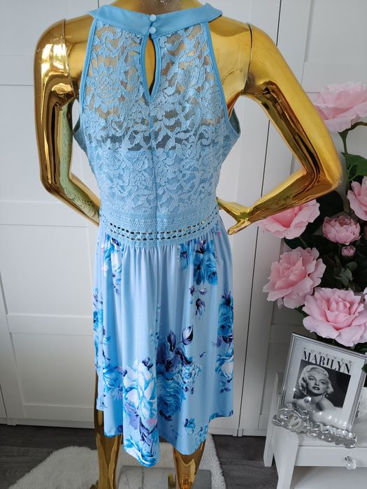 Nowa błękitna sukienka koronkowa w kwiaty styl Boho R.40/42
