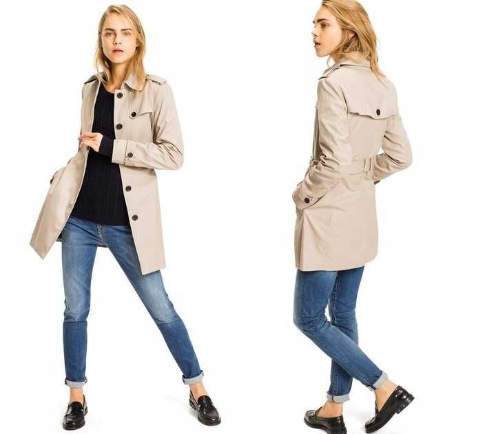 TOMMY HILFIGER r M przejściowy płaszcz trencz beżowy prochowiec krótki