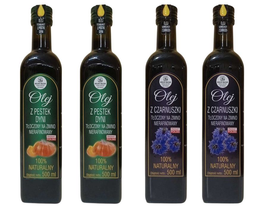 Olej tłoczony na zimno 2 x 0,5 l z czarnuszki + 2x 0,5 l z pestki dyni
