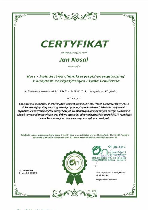 1.5zł za 1m2 !    Świadectwo charakterystyki energetycznej ŚChE i PChE