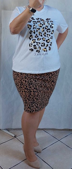 Nowa bluzka t-shirt XXL 44 46 biała panterka Bawełna Pepco