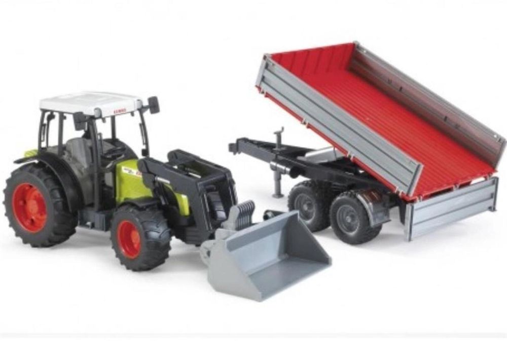 Traktor Claas Nectis 267F z ładowarką i przyczepą pudełko,