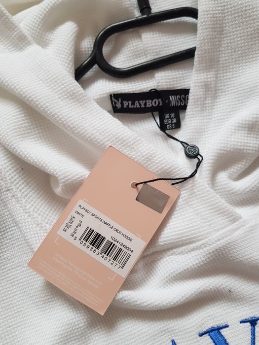 Bluza playboy M university College biała haftowana krótka crop wafelko