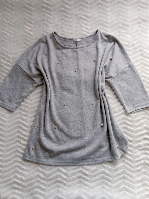 Jasno szary sweter lekki L/XL wiosenny z perełkami  miły nietoperz