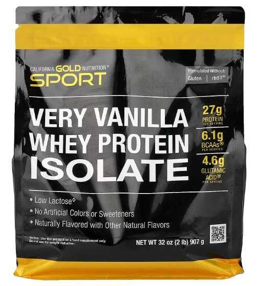 California Gold Nutrition, Sport, ізолят сироваткового протеїну з органічним тростинним цукром і соняшниковим лецитином, зі смаком ванілі 907г 2 фунти