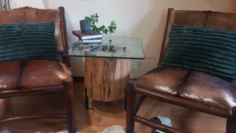 Mesa de Centro em Tronco Maciço com Vidro Temperado | Peça Artesanal Única