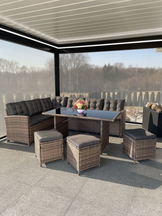 Meble ogrodowe narożnik technorattan kolory wysoki stół szkło hartowan