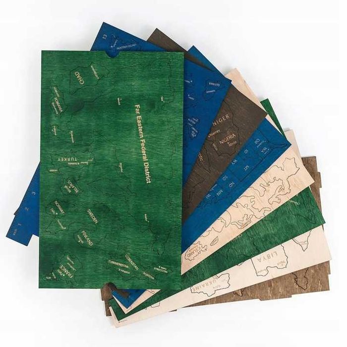 Drewniana Mapa Świata 3D Rozmiar L Kolorowa 105x60cm + Pinezki + Flagi