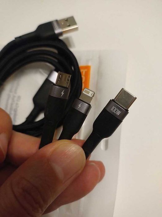 Kabel USB 3w1 100W - USB-C + micro USB + IPhone Apple Lightning