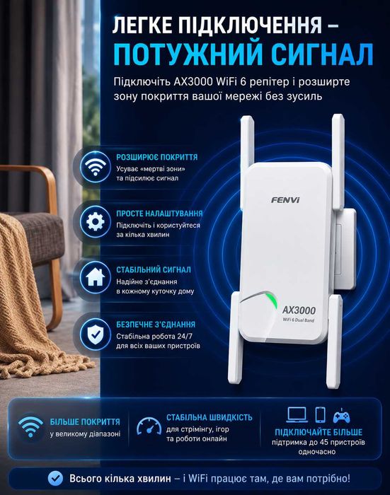 Fenvi AX3000 WiFi 6 Репітер | Підсилювач WiFi 3000 Мбіт/с | Gigabit LAN