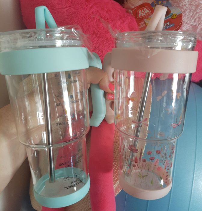 2nowe szklane kubki ze słomką dla dzieci, pojemność 1,1L