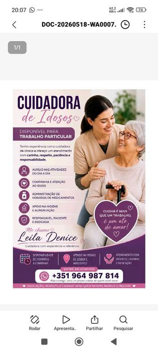 Cuidadora de idosos disponível para trabalho particular.