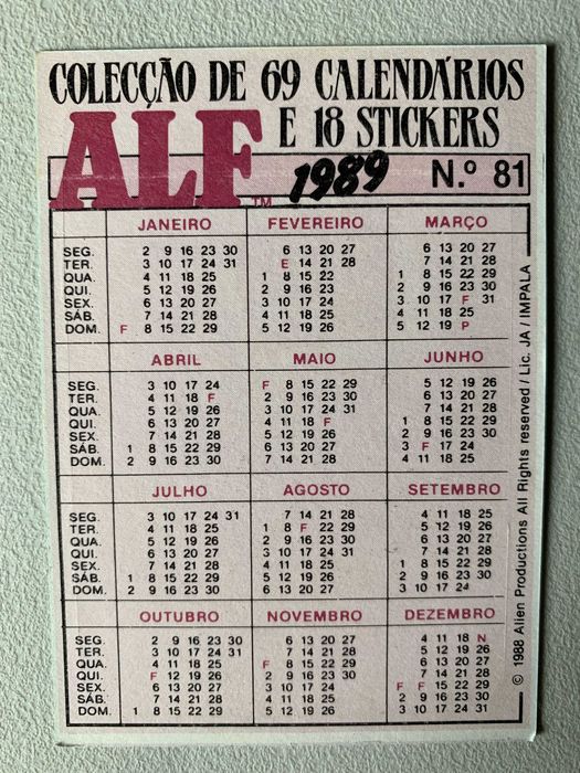 Calendários de 1989 - Alf (preço unitário)