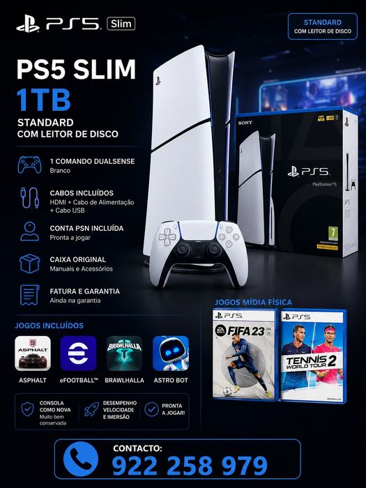 PS5 Slim Standard 1TB com Leitor de Disco – Como Nova!