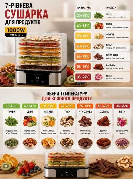 Сушилка для фруктов рыбы мяса овощей 1000вт новая сушарка для фруктів та овочів риби сушка