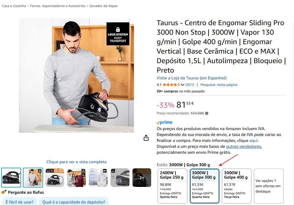 Ferro de Engomar c/ Caldeira – Taurus Sliding Pro 3000 Non Stop (NOVO)