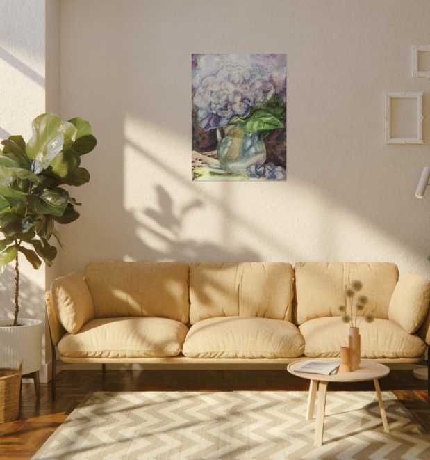 Akwarela; Hortensje w Wazonie, Oryginał lub Wersja Cyfrowa fiolet, róż