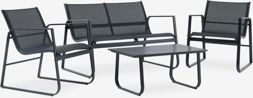 Conjunto de lounge preto para varanda/jardim: 2 poltronas + banco de 2 lugares (novo, na caixa) + mesa de centro