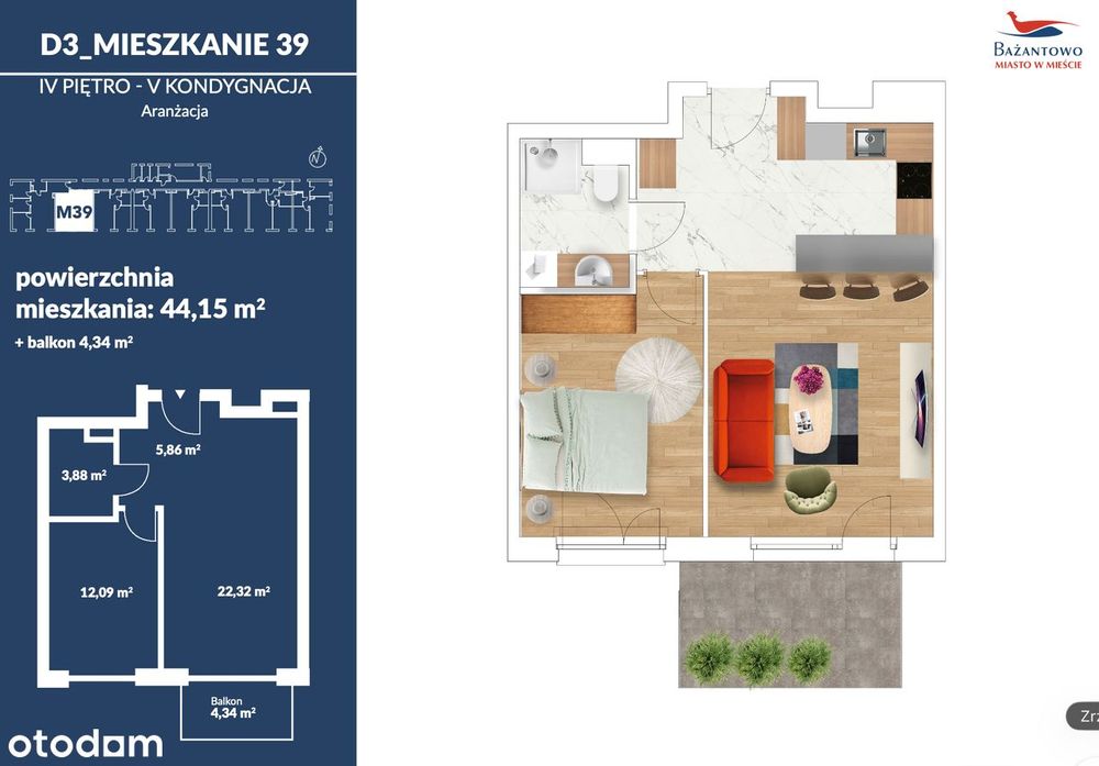 44 M2 | Taras | Kom.lokat. | Parking | Top Piętro | Klima | Bażantowo