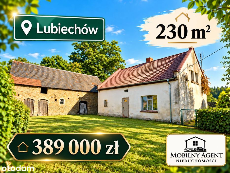 Dom + budynek gospodarczy łącznie ok. 230 m² działka 22 ary Lubiechów