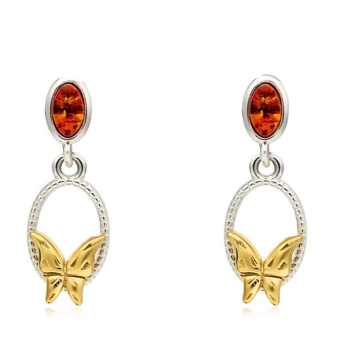 Srebrne kolczyki z bursztynem - Motylki pr.925