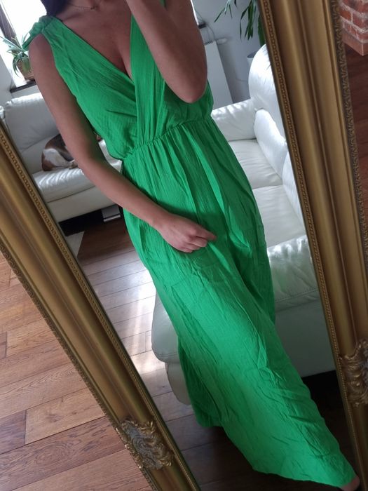 Nowa Zielona bawełniana muślinowa długa letnia sukienka z dekoltem r. M Made in Italy 

Green summer dress