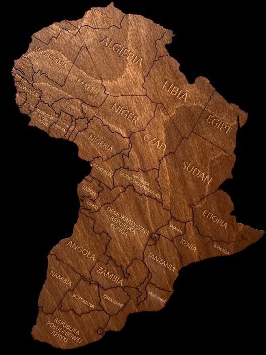 Nowa Drewniana Mapa Świata - Palisander (ciemny brąz, drewno) 105x63cm