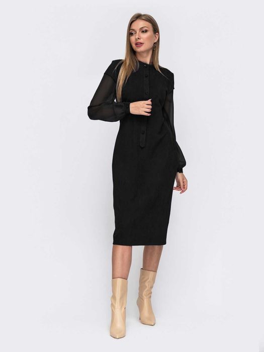 Чорне приталене плаття з замші з шифоновими рукавами Dressa