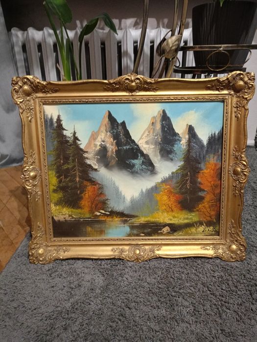 Obraz olejny na płótnie sygnowany w złotej rzeźbionej ramie vintage