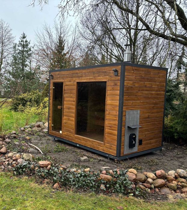 Sauna ogrodowa fińska SKANDIA producent piec na drewno przedsionek