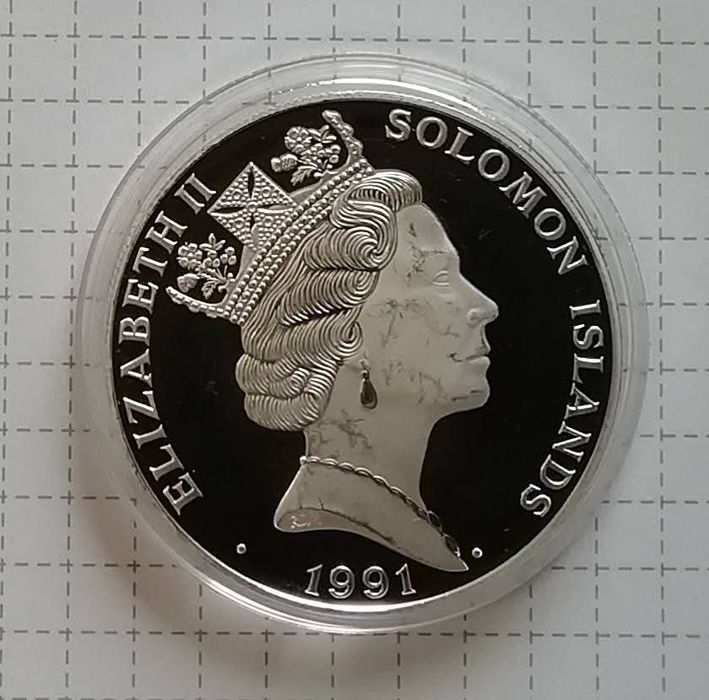 Соломонові о-ви 10 доларів 1991р. СРІБЛО. ПРУФ. Сертифікат. Альваро