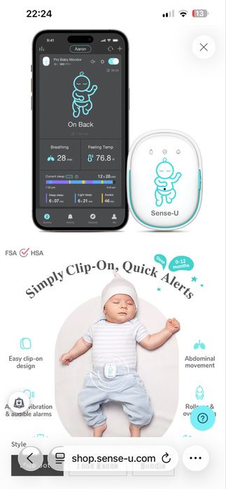 Monitor de bebé / SENSE-U / Sensor respiracao, freq card, posicao