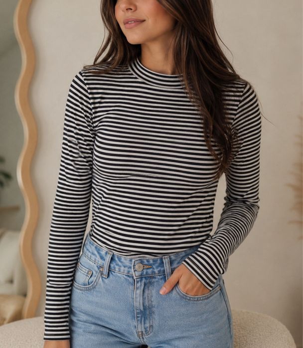Bluzka Reserved XS 34 biała paski czarne pasiasta golf półgolf