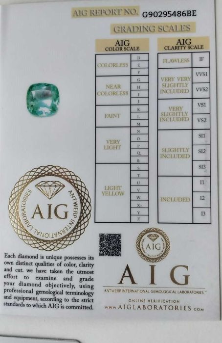 Esmeralda natural com 1,80 Cts, Talhe Cushion, com Certificado