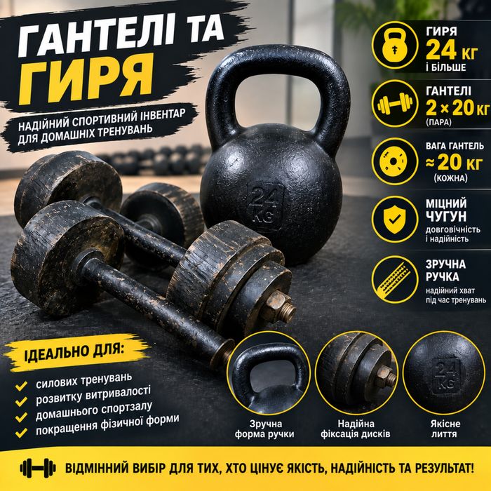 Гирі 20 та 24 кг + розбірні гантелі до 28 кг, набір / Набор  гантель гиря