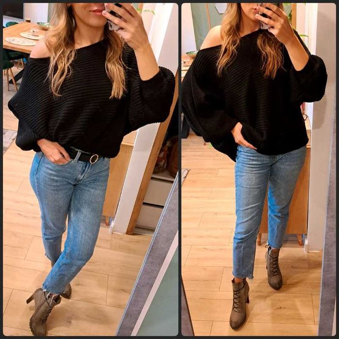 Ola Voga szeroki oversize sweter czarny bufiaste rękawy r. 46/48