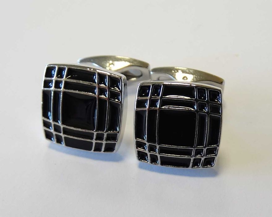 Spinki mankietowe do mankietów koszuli czarne kwadratowe srebrne nowe