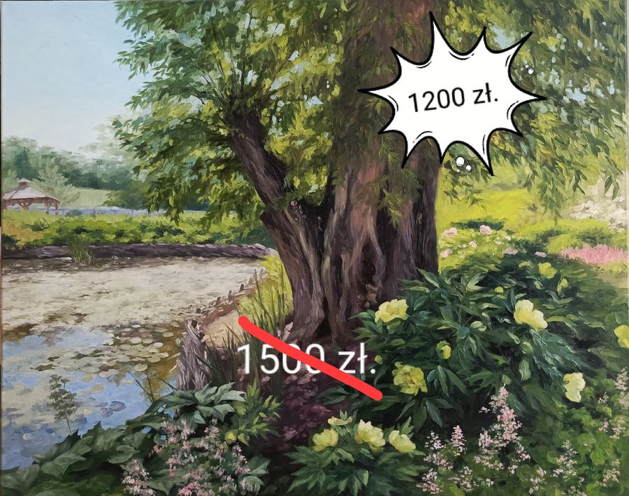 Obraz olejny pejzaż, nad stawem