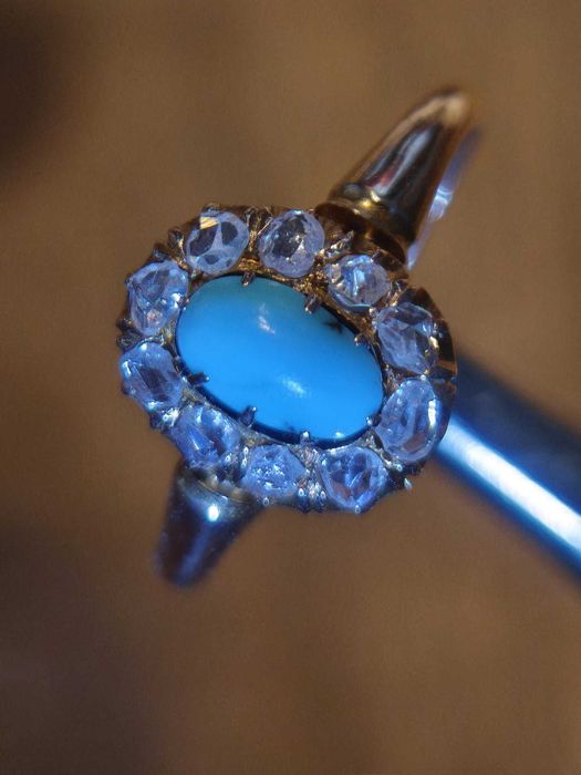 Złoty pierścionek Carska Rosja turkus i diamenty