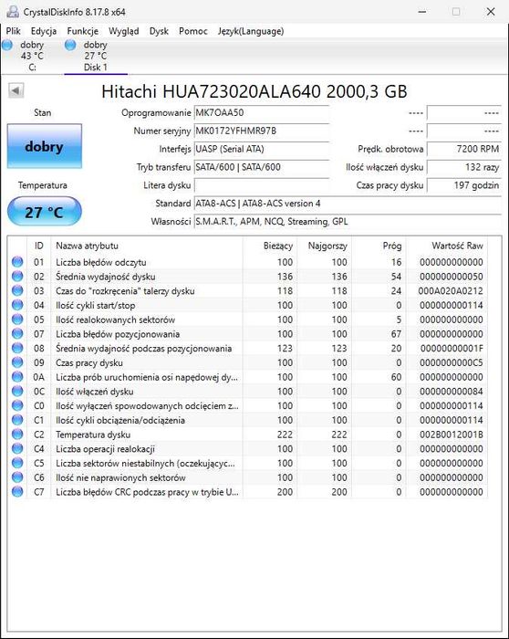 DYSK HITACHI 2TB - sata 6.0G - 197godzin pracy