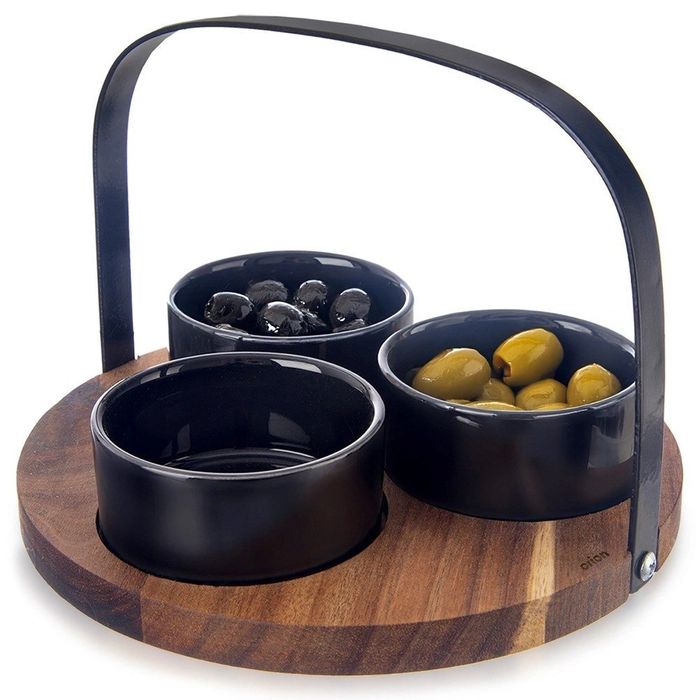 Miseczki Ceramiczne Na Przekąski Black 130ml Zestaw 3 Sztuk Z Tacą Do Serwowania Na Imprezę Mebliva