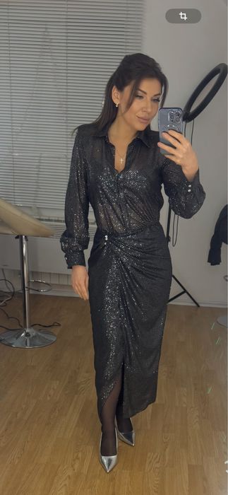 Нарядное вечернее черное блестящее платье Zara S