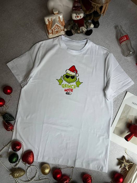 Новорічні оверсайз футболки з Грінчем, біла футболка Grinch mode