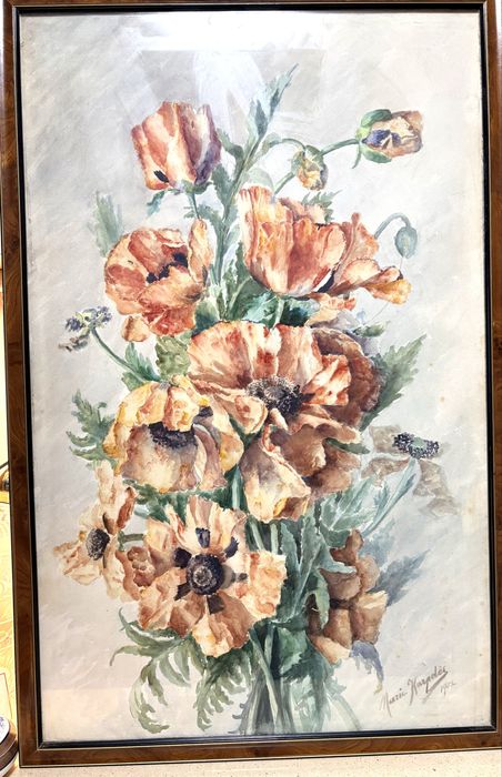 Grande antiga aguarela Natureza Morta “Papoilas” de 1902 - assinada