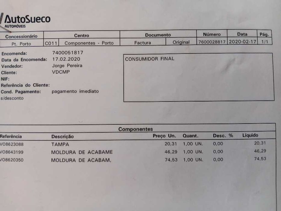 Moldura superior vidro traseiro Volvo S80