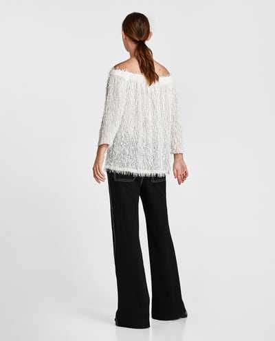 Camisola branca de malha com franjas da Zara M Nova