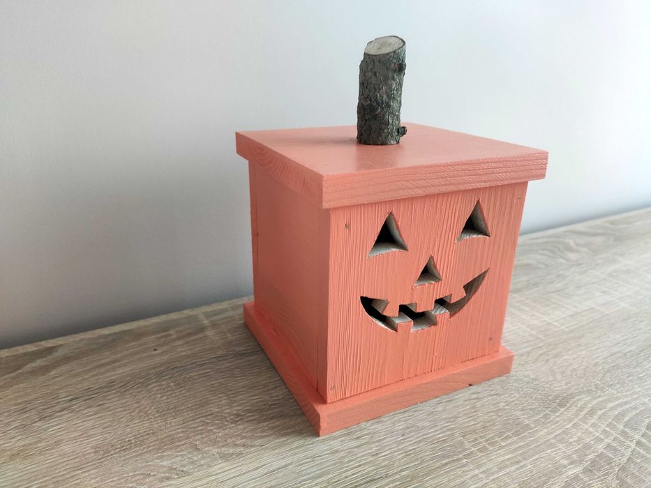 Lampion Halloween Jack-o-lantern drewniany dekoracja jesienna mała