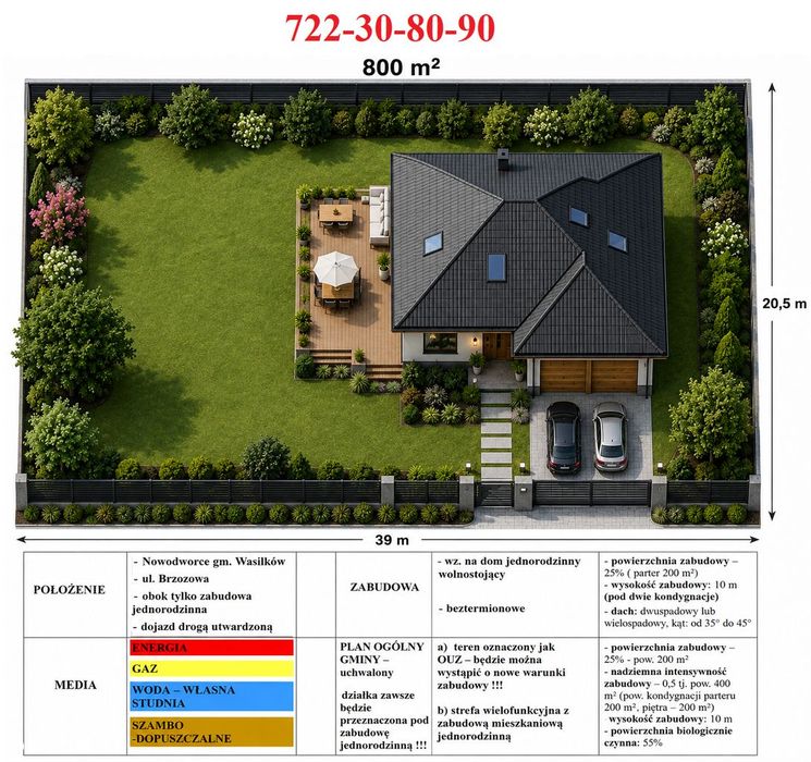 Nowodworce ul. Brzozowa - 800 m2, szerokość 39 m, wz, gaz, energia
